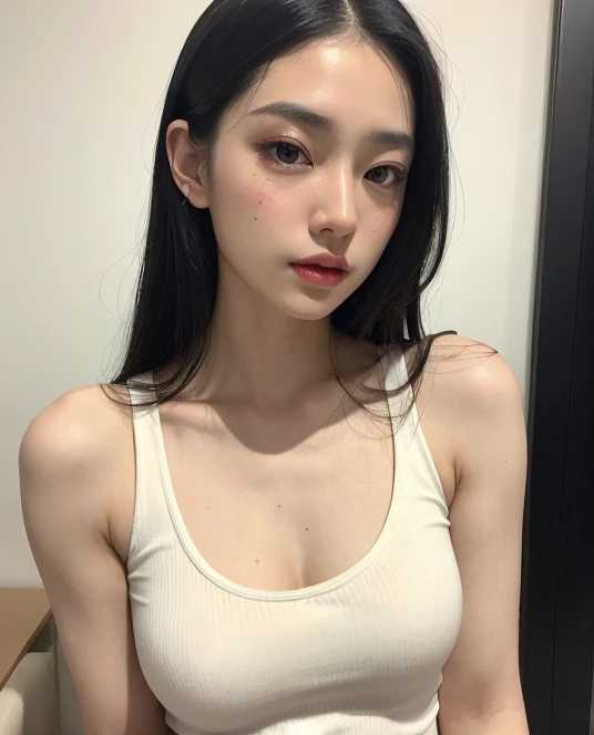((surreal、Super detailed image, maybe a photo.,Captures the details of the skin texture of an incredibly beautiful woman..))long straight black hair。white tank top.