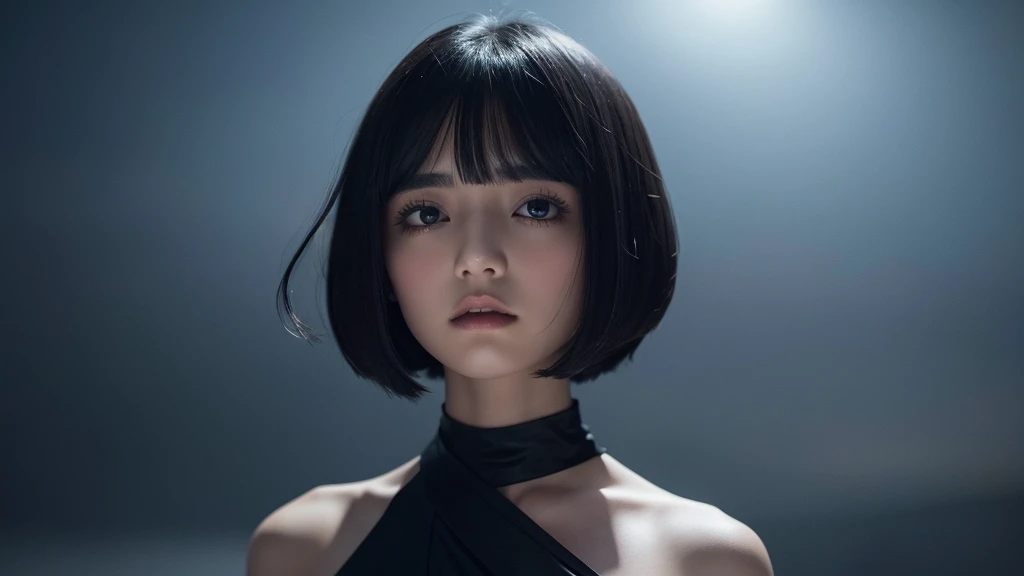 Delicate and dainty young woman with shiny bob-cut black hair . She is wearing black dress. The background is a fantastic and ethereal night sky that seems to be haunted by a specter. Her expression is stern and atmospheric. Angle from directly below.