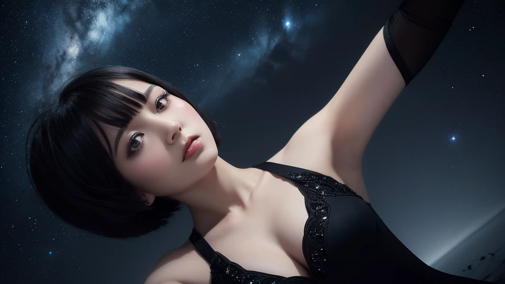 Delicate and dainty young woman with shiny bob-cut black hair . She is wearing black dress. The background is a fantastic and ethereal night sky that seems to be haunted by a specter. Her expression is stern and atmospheric. Angle from directly below.