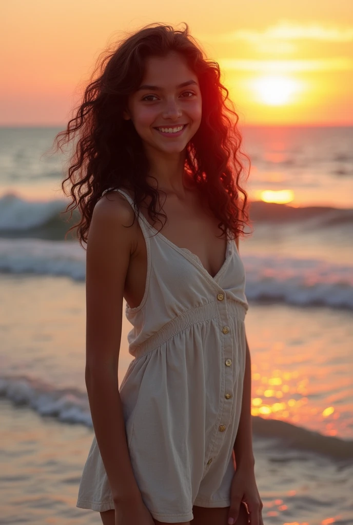 Beautiful face,no bra,reflection, she is beautiful young woman, black wavy curly hair, waves crash on the shore as the sun sets on the beach. A young and beautiful girl poses for the camera with a peaceful smile. The casual summer dress suits her well. It hugs her slim waist and body. The red rays of the sun are reflected in her beautiful eyes. A very realistic picture. Hdr. Full body, barefoot
