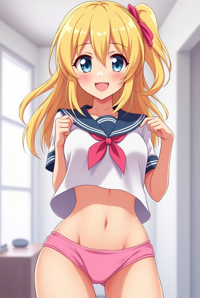 Create an image of a blonde schoolgirl showing her pink panties and she smiles mischievously ((anime and high quality))