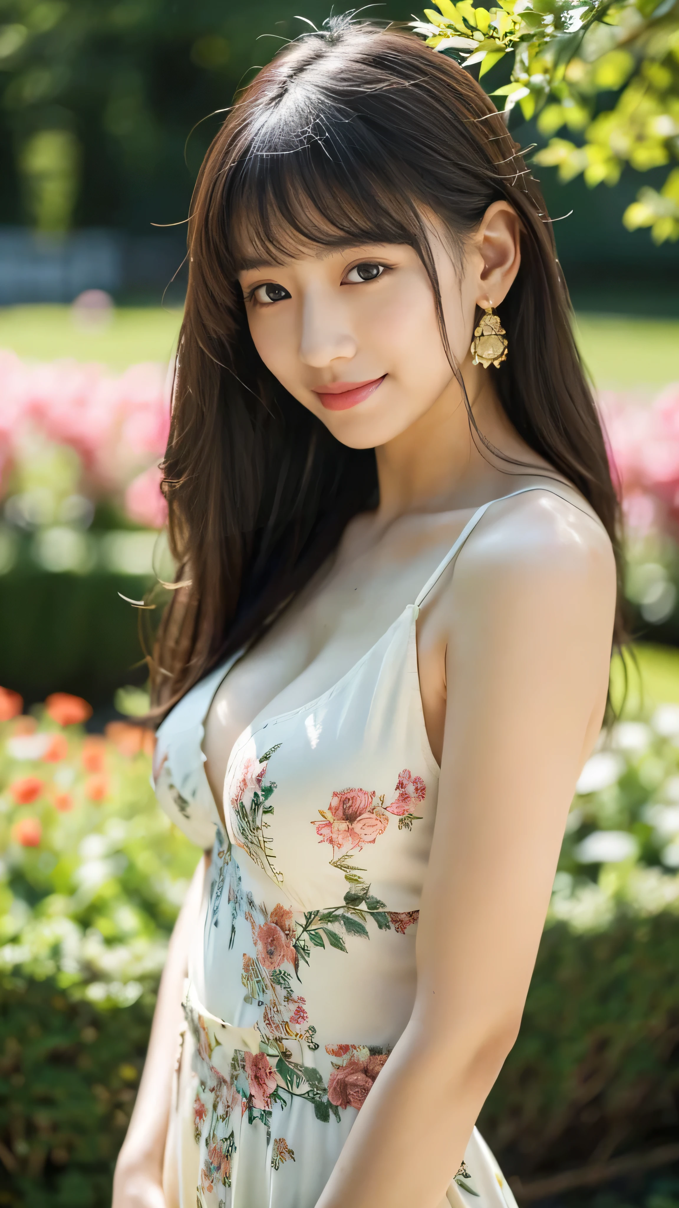 ((masterpiece)), 32K, masterpiece, Highest quality, 1 girl, alone, (Nationality: British:1.3), Realistic, garden, Realistic, Very detailed, Detailed Background, (alone: 1.4), Happy expression, Slender body, Realistic Highly detailed long hair, Intricate details, masterpiece, Highest quality, West Shot, (Flowering garden background)), smile, ((Looking at the camera)), Earrings, Long straight black hair, Asymmetrical bangs, Natural Breasts ,