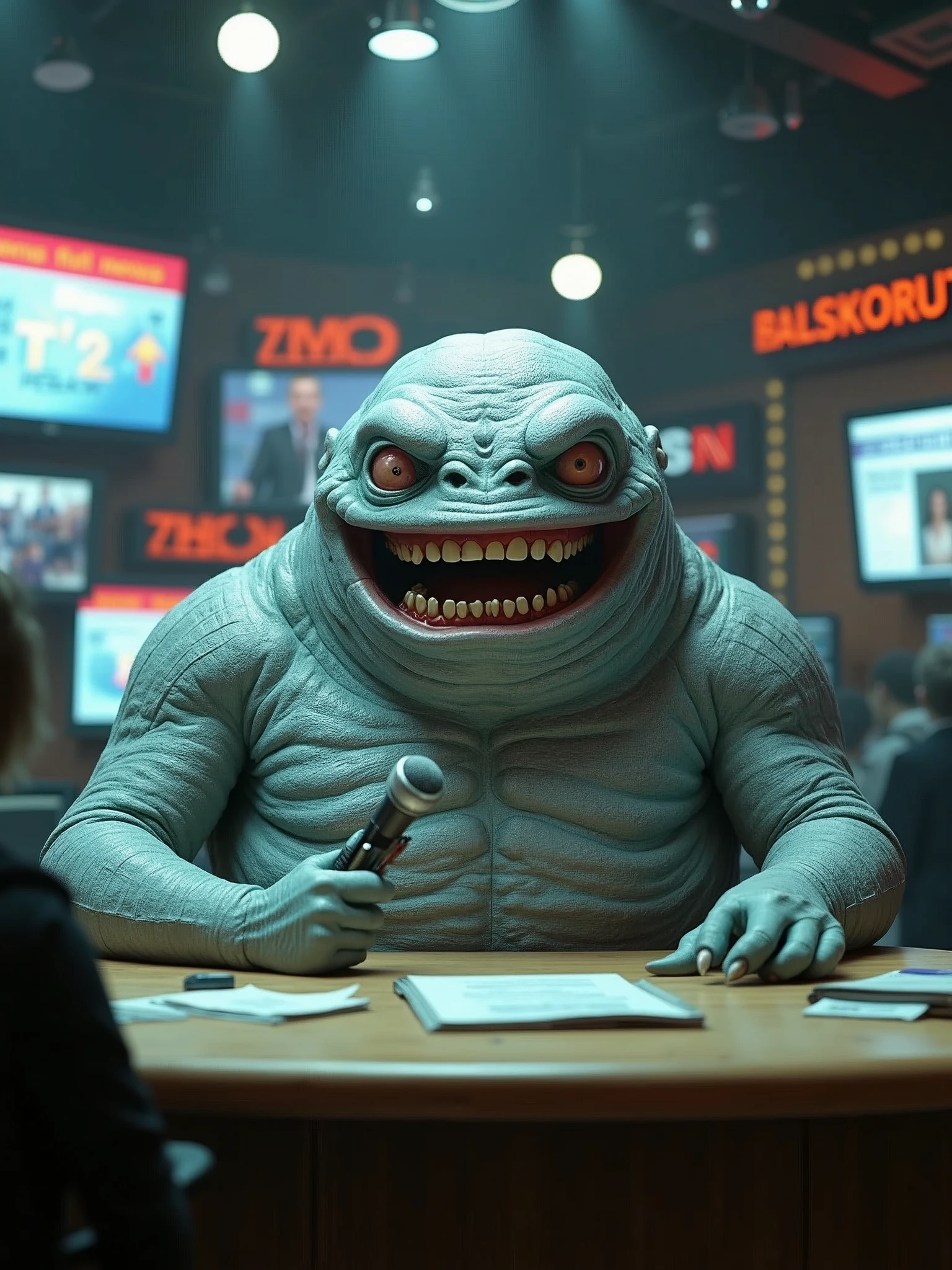 A cinematic and surreal scene where a giant grey, blueish blob serves as the news anchor. The monster, with a wide toothy grin, sits at the news desk, holding a microphone and speaking into it. The background reveals a chaotic newsroom with various monitors displaying breaking news. The overall atmosphere is a mix of retro and modern, with a touch of horror and comedy. The monster's eyes have a human-like expression, and his body seems to be made of newspaper-like scales., cinematic