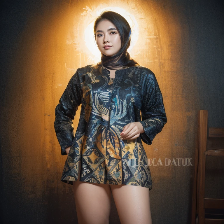 (masterpiece), (best quality), (digital painting), wide shot angle, 1 beautiful woman, thick eyebrows, curled eyelashes, facial details, long hair, Huge breasts, ((black batik shirt, cloth_pattern)), repeating pattern design, blue denim, hips, background, shop street, 