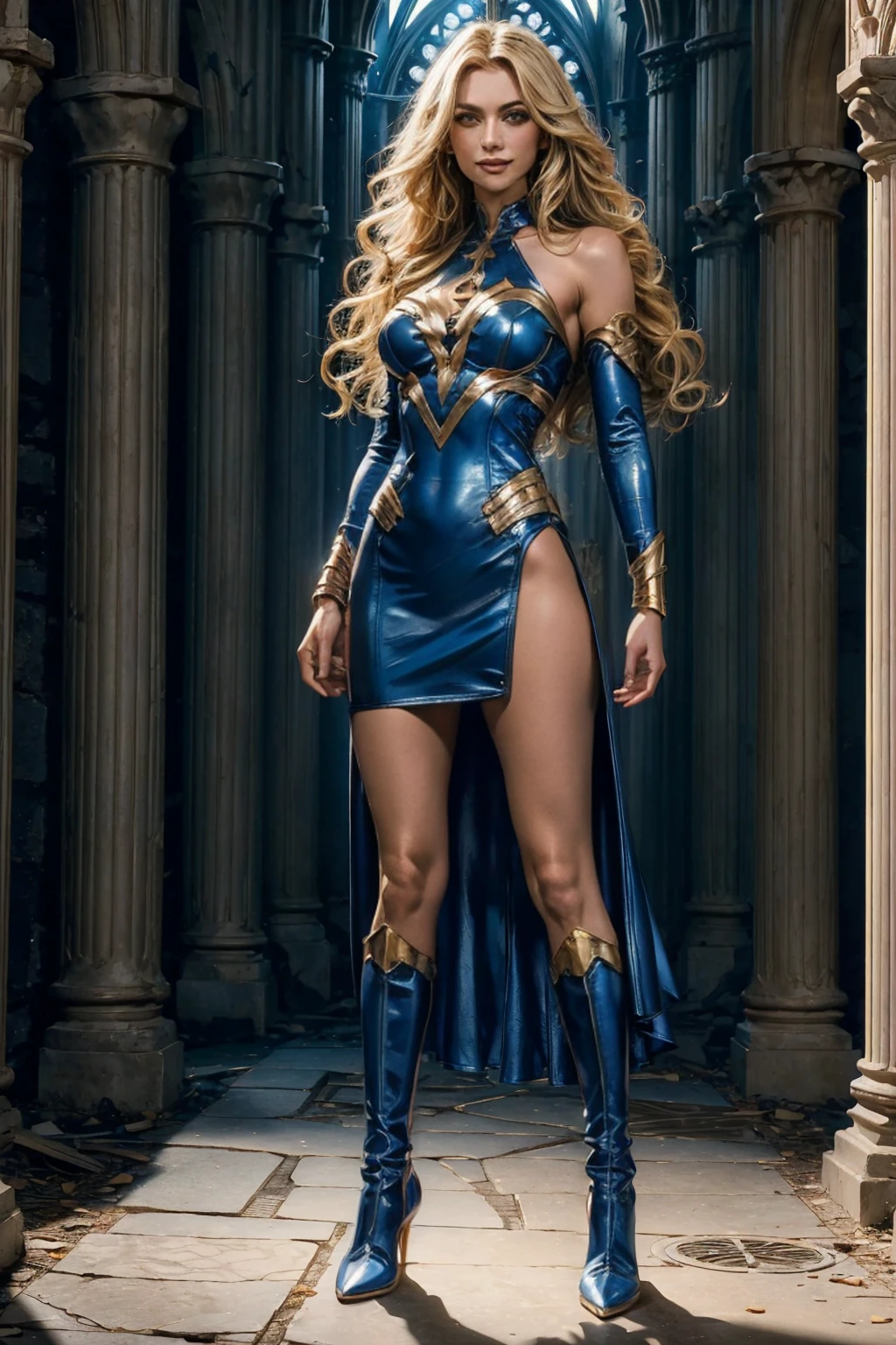 ((Full body photo, standing, feet on the floor)) full body superheroine 14 years old Wonder Girl blonde long wavy hair blue eyes red mouth tall muscular body big round breasts broad shoulders blue and gold short leather dress blue boots dress hero pose even a terrifying night in a ruined Gothic cathedral, a semi-dark plume of light octane render photorealistic
