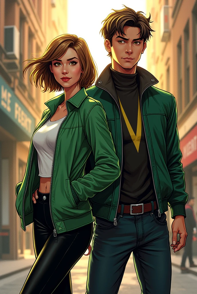 A white girl with short light brown hair,slim dressed in a green jacket and black pants posing next to Gambit from X-Men,comic style