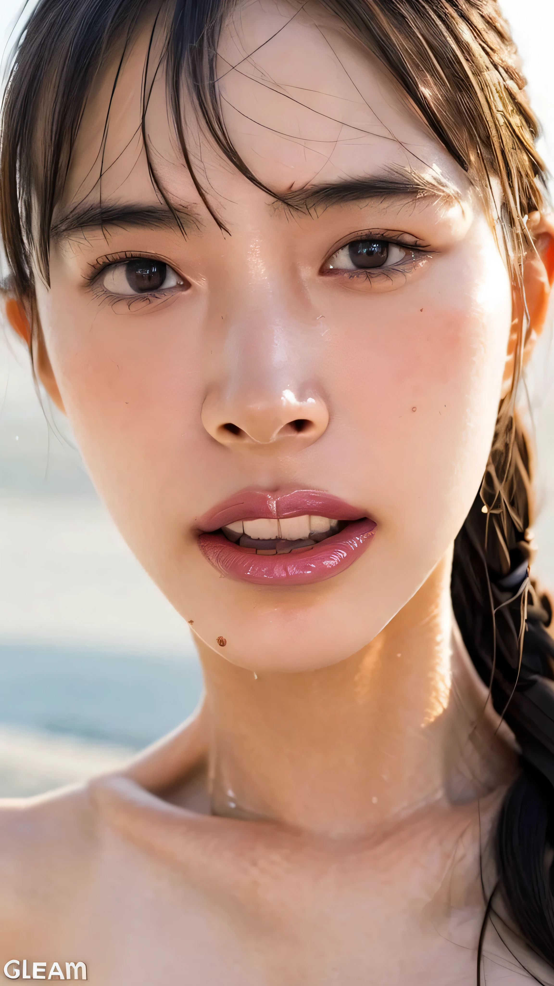 (best quality,ultra-detailed,realistic),(realistic portrait from the chest up),(soft lighting),(Japanese beautiful face),(detailed facial features),(seaside,beach),(line drawing),anatomy correct,((completely naked)),((perfect nude)),undressed,perfect body,correct breast size for your body,gigantic breasts:1.6,(realistic dark large nipples:1.7),(gleaming face:1.8),shiny skin,oiled face:1.6,sweaty,shiny skin, glowing skin,sweaty face, glowing skin, shiny skin, shiny skin, wet face,fucking,orgasm,ecstasy,ascension,ahegao,having sex,little smile