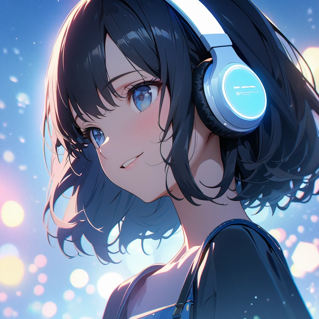((ultra-detailed))/three women: (one women with short black hair and bob hair.、beautiful blue eyes,.、smile、gentle smile on her face、flat chest, one Beautiful girl,((masterpiece, illustration, best quality) ((ultra-detailed))/solid white background, while wearing wireless white headphones, full upper body, ),濃い青とBeautiful Blueのグラデーション, High resolution, 8K HD detail, hyper-detail, cinematic, surrealism, soft light, deep field focus bokeh, ray tracing and surrealism. --v6, light blue background