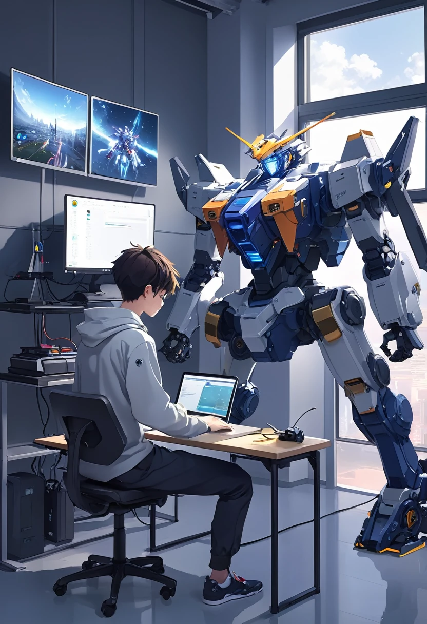 student programing on computer and a mecha next to him connected to the computer with cables