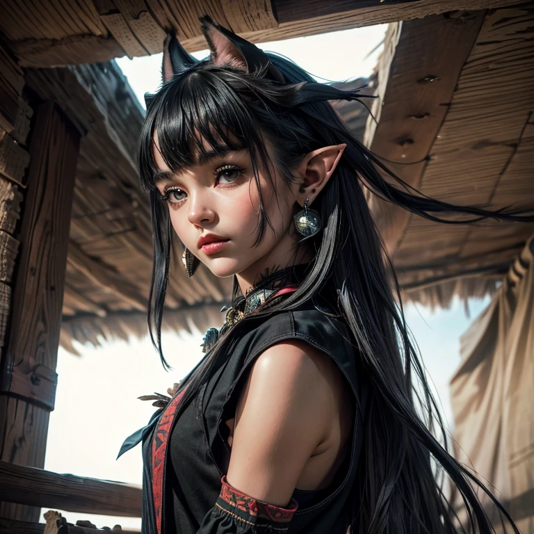 ((ultra realisitic)), ((picture-perfect)), ((face perfect)), ((ultra detaild)), ((fully body)), ((perfectbody)), a girl with a cat tail and pointy ears with long black hair with bangs wearing indigenous clothing in a hut, sexy tribal clothes, elf ears