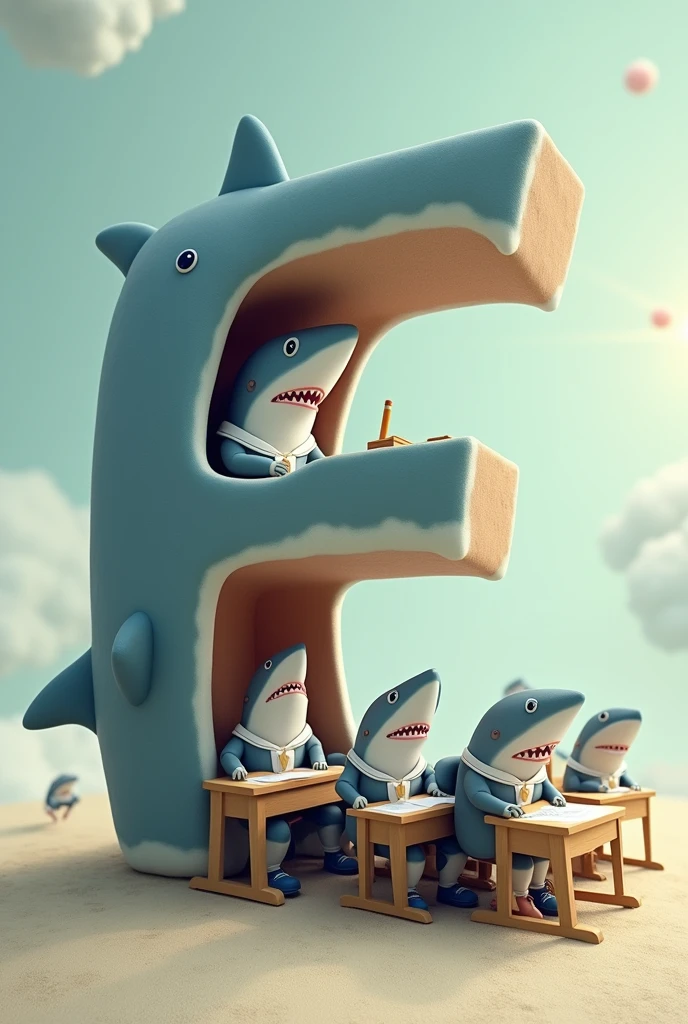 A letter E stuffed with sharks dressed as students