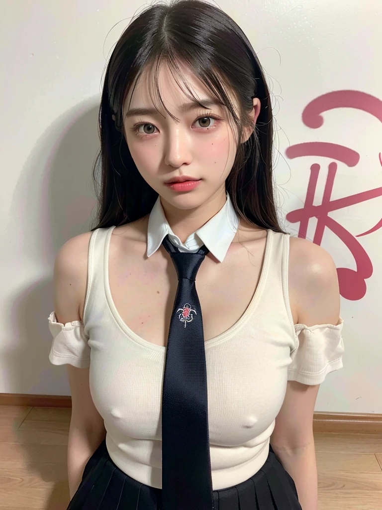 (masterpiece:1.3), (8k, Realistic, RAW Photos, Best image quality: 1.4), (Random Hairstyles:1.2)、(Highly detailed face)、Attention to detail、double eyelid、(Dark Eyes),(Sharp focus:1.2)、((whole body:1.5)),One Woman、Beautiful woman:1. 4,20-year-old woman、smile,Woman with a perfect body,Beautiful Abs,Chest-length hair、Highest quality、masterpiece、Ultra-high resolution、(Realistic:1.4)、super high quality、Symmetrical face、The face is very realistic、Photo level、8k最高画質はフル、Sebaceous reflex、The face is very realistic、Extremely realistic skin、Realistic light and shadow effects、(Pure and elegant girl),Professional Lighting、((Swayback stance)),(((Beautiful thighs))),(Sexy pose,Seductive pose),Recurve your hips back,Bend your waist,((dance,dance,Dancing)),((School classroom)),((Accentuate your cleavage)),((Underarm)),(((School Uniform,Graffiti art style tie))),Sit at a desk