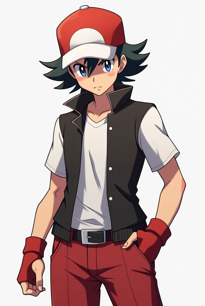 Make a Pokemon trainer with a red cap that has a complete white part in front and that wears a vest with a white short-sleeved black shirt over it with red fingerless gloves and red pants.,He wears a shadow between his eyes and has a serious face
