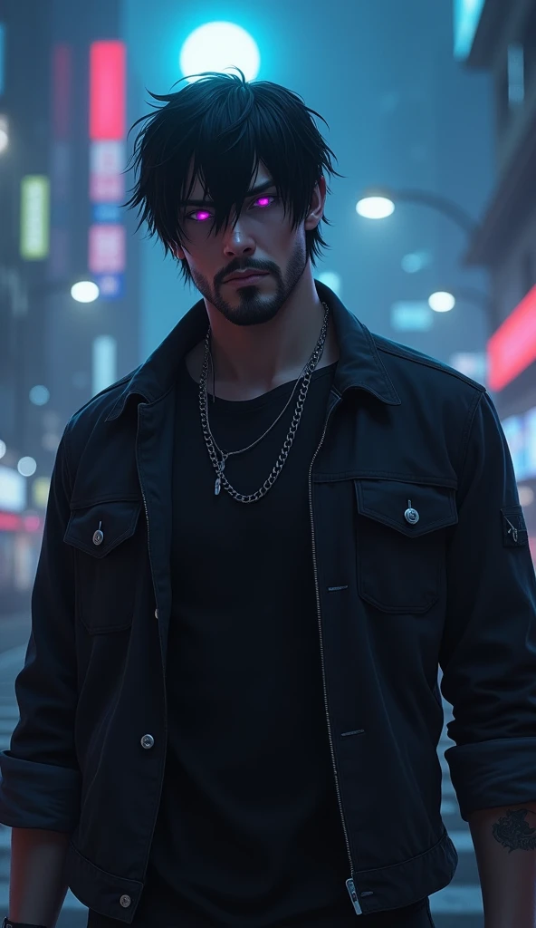 (realistic) 1 white adult male with black eyes and bright purple irises, messy black hair parted in the middle and a short beard. Serious expression. Wearing an open black denim jacket, a black shirt underneath and a silver chain around his neck. Walking in a futuristic city at night with heavy fog and blue moonlight.
