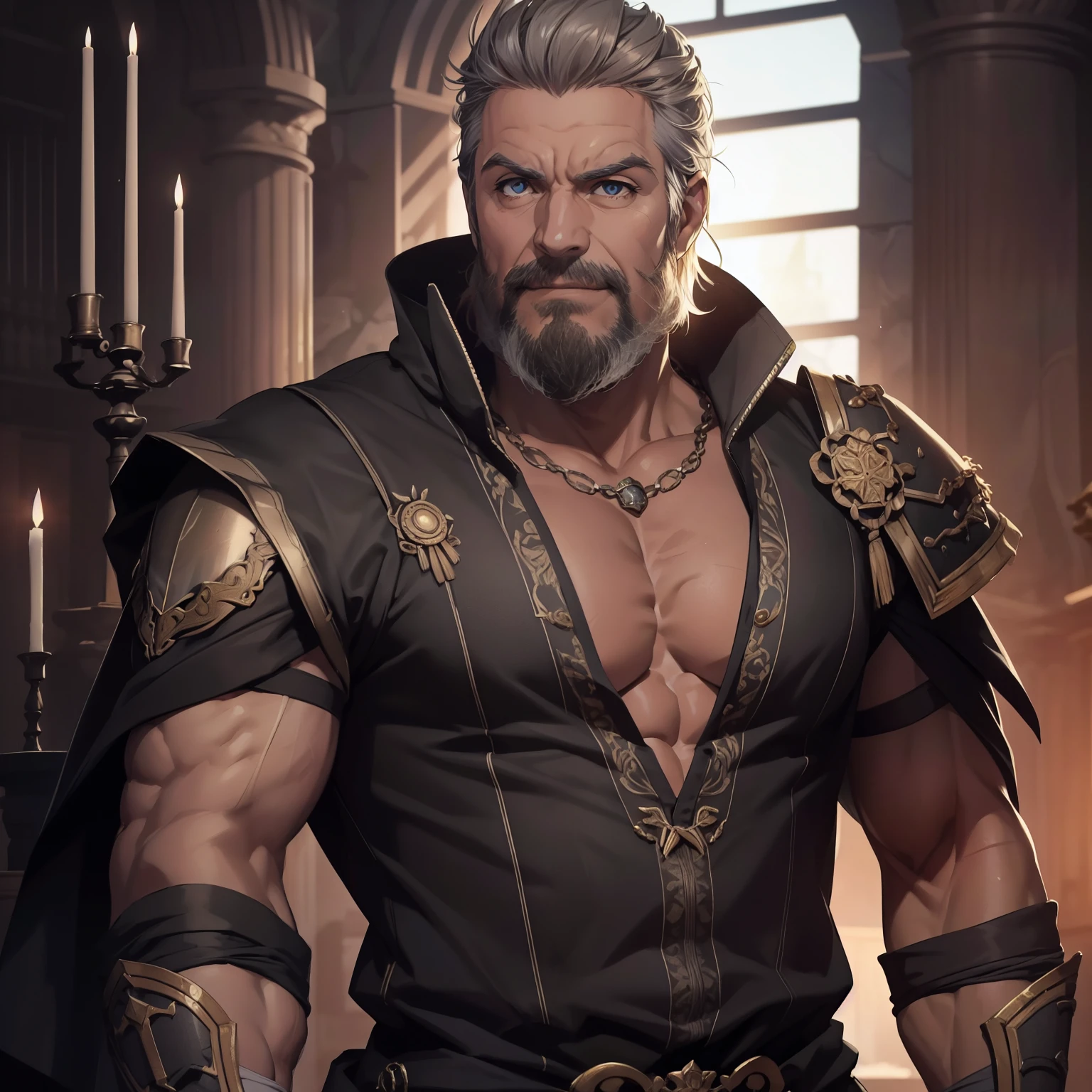 A powerfull old king flexing his biceps at the palace, um rei poderoso, alpha male, bodybuilder, very muscular, 50 years old, very detail face, detail eyes, lorde imponente, wearing a cleavage tank top royal armor and a speedo undewear, very detail armor, very large pectorals, massive pectorals, muscular chest, olhando para o espectador, pose imponente, olhos de cor azuis, grey short hair, sexy grey beard, he is training with the sword, ele tem big bulge, he is laughing, Obra-prima maravilhosa altamente detalhada, beautiful cinematic light deep focus, elegante, pintura digital, liso, sharp focus, golden ratio, dramatic lighting, 8k, pixiv, bara