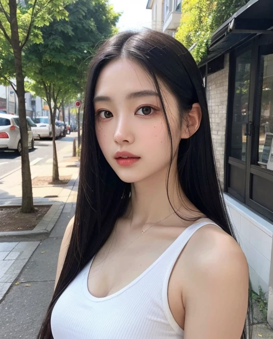 ((surreal、Super detailed image, maybe a photo.,Captures the details of the skin texture of an incredibly beautiful woman..))long straight black Hair。outdoors. White tank top