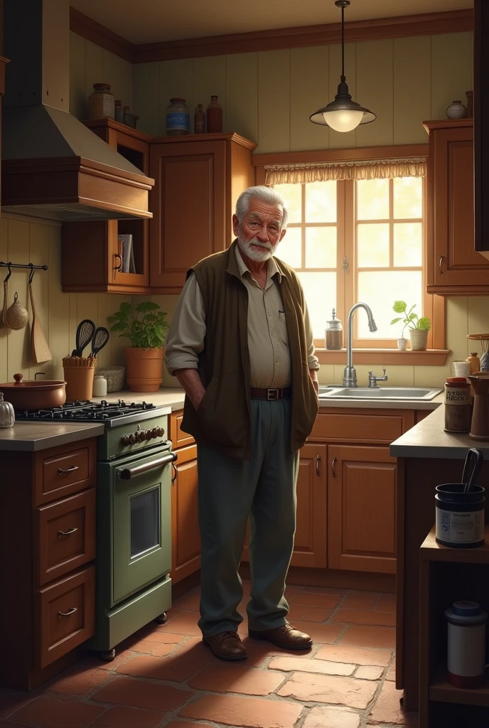 Old man stays on kitchen