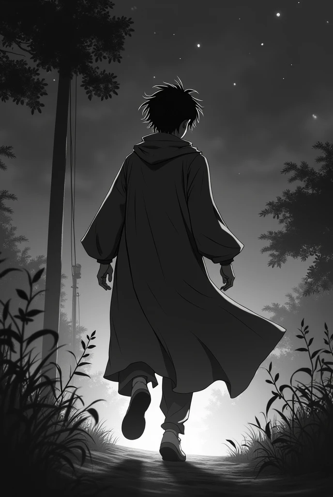 create a 2d anime style black and white image of a male character in a night setting. the wind must be visibly whispering around him, with the leaves or the character's hair moving smoothly. the character is taking a step forward, suggesting a decisive and determined movement. the scene should capture the feeling that the wind and movement are symbolic of the decision he is about to make.