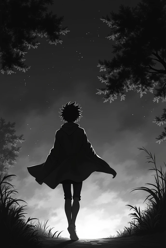 create a 2d anime style black and white image of a male character in a night setting. the wind must be visibly whispering around him, with the leaves or the character's hair moving smoothly. the character is taking a step forward, suggesting a decisive and determined movement. the scene should capture the feeling that the wind and movement are symbolic of the decision he is about to make.