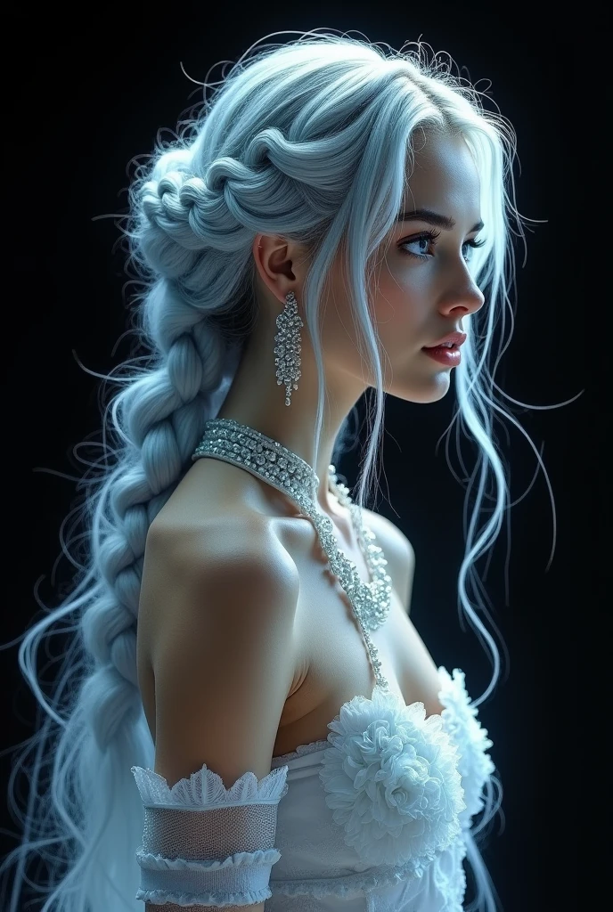 A mesmerizing double-exposure masterpiece created by the outstanding Jeans it artist on a black background., captures a charming beautiful woman with an elegant profile, enveloped in a mystical silvery glow. Her charming gaze attracts the viewer, and her long wavy silver hair braided with French braids creates a serene beach paradise in miniature. The work of art symbolizes the harmonious connection between nature and art, inviting the viewer to explore the depths of their own imagination. In this work, created in 8K resolution, Fix it masterfully combines elements of cinema, fashion, typography, poster, 3D rendering, graffiti, illustration, painting, photography and portrait. This work celebrates the beauty of nature
