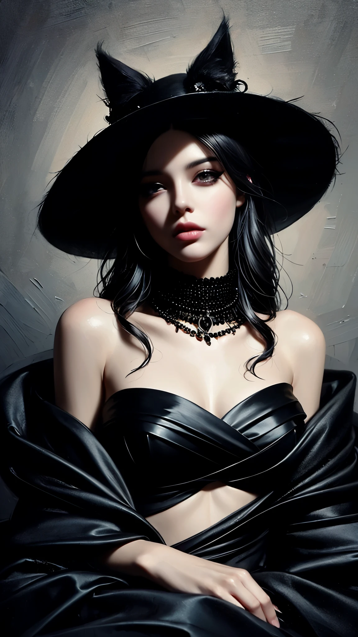 A captivating gothic catgirl, adorned with a black hat, poses against a backdrop of digital art by Yang J. Trendsetting CG society themes intertwine with gothic and fantasy gothic art elements. Her enchanting eyes and dark, mystical aura exude an air of beauty and allure. The artwork, in the style of fantasy, showcases a dark, brooding portrait of a gothic catgirl, with a touch of Tom Bagshaw's distinctive dark fantasy art style.