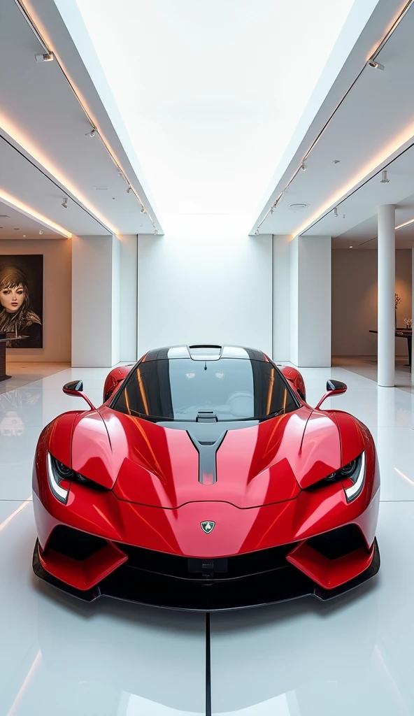 A captivating futuristic image of the 2025 Monsory Lamborghini uruis, painted in a striking vibrant red hue, dominates the luxurious white showroom. The front view highlights the sleek, aerodynamic design, with bold accents reflecting the cutting-edge innovation and technology of its era. Surrounded by sleek, modern decor, the scene entices potential buyers to immerse themselves in the future of automotive design and performance. The vehicle promises an unparalleled driving experience that transcends the limits of imagination, making it the epitome of futuristic automotive excellence.