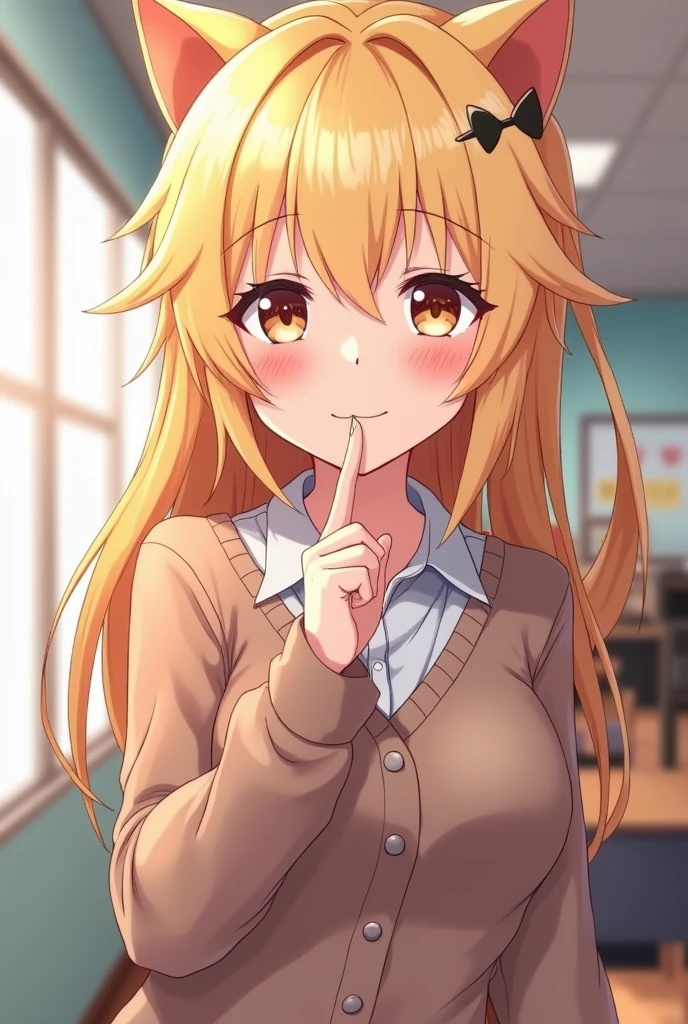 Create an image of a blonde student showing her pussy she smiles mischievously ((anime and high quality))