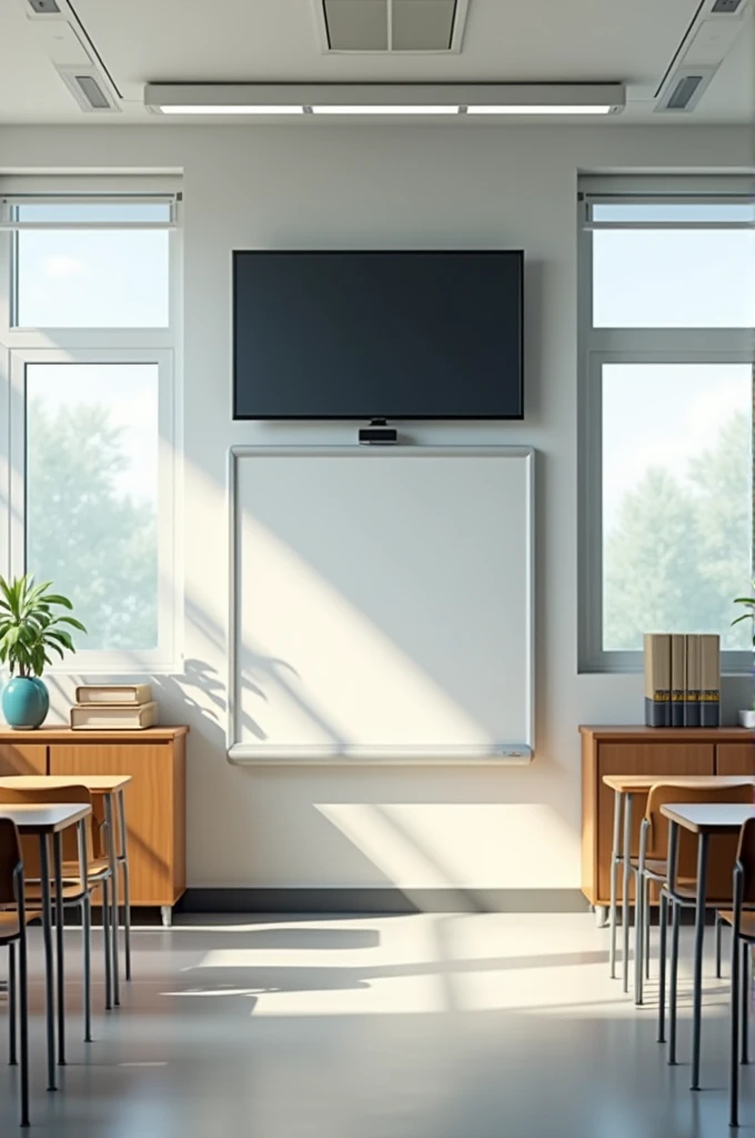 I want a classroom with a whiteboard, air conditioning, windows with blinds, with the TV on top of the whiteboard and a cupboard for books.