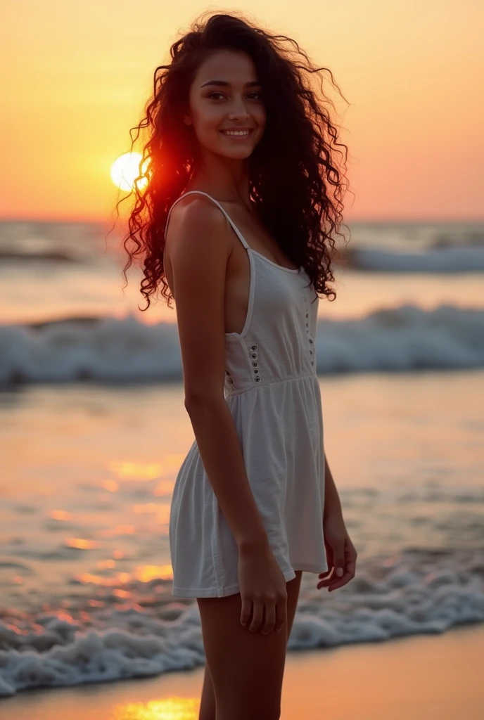 Beautiful face,no bra,reflection, she is beautiful young woman, black wavy curly hair, waves crash on the shore as the sun sets on the beach. A young and beautiful girl poses for the camera with a peaceful smile. The casual summer dress suits her well. It hugs her slim waist and body. The red rays of the sun are reflected in her beautiful eyes. A very realistic picture. Hdr. Full body, barefoot, no smile