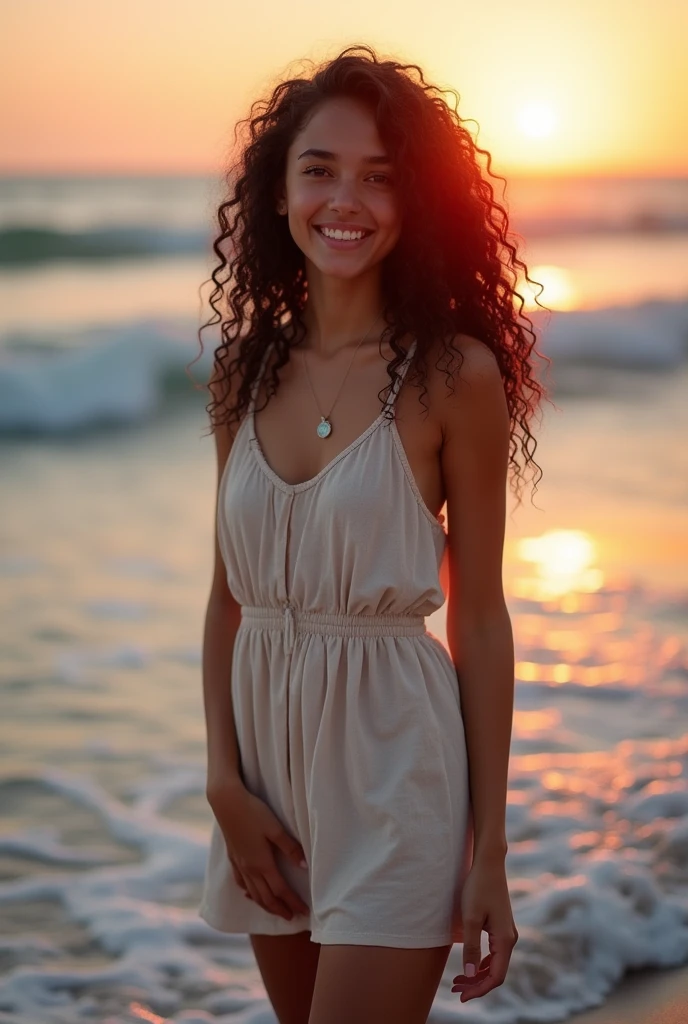 Beautiful face,no bra,reflection, she is beautiful young woman, black wavy curly hair, waves crash on the shore as the sun sets on the beach. A young and beautiful girl poses for the camera with a peaceful smile. The casual summer dress suits her well. It hugs her slim waist and body. The red rays of the sun are reflected in her beautiful eyes. A very realistic picture. Hdr. Full body, barefoot, no smile
