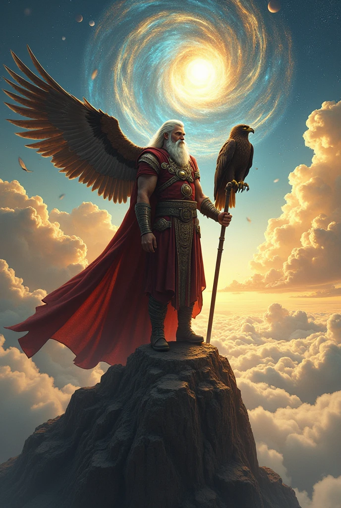 create a scenario with. God Odin and his eagle, where God appears looking down at humanity from the heavens