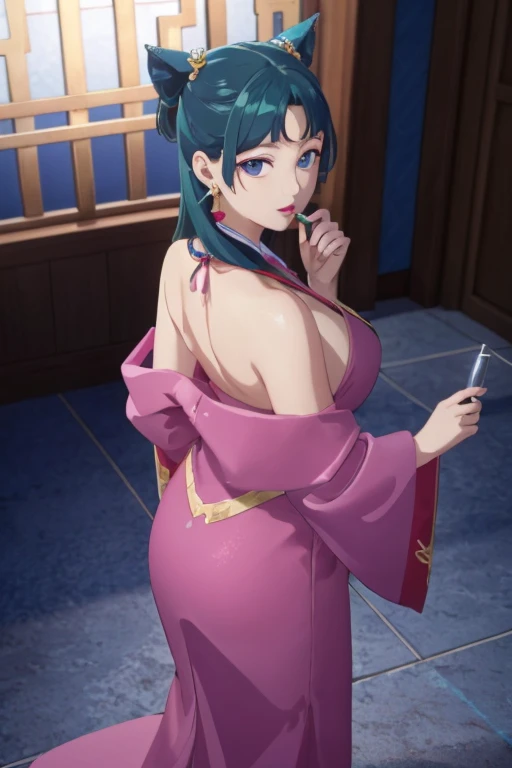 (((Highest quality､Ultra-high resolution､masterpiece: 1.2))), Highly detailed anime art style, Style, (Off the shoulder,Earrings, sexly、The lavish interior of the Tang Dynasty harem), Detailed green hair, Detailed blue eyes, Symmetrical Eyes、Big complicated hairstyle, Long Hair,Sparkling eyes,like々Shii,hair accessory, Wearing Chinese Earrings, She has a hairpin on her head、Holding a kissel in his right hand, bangs, Detailed lighting, Bright colors, Looking at the audience, Shots from 45 degrees above and to the left and right､Look forward､Stand in the center of the image､Cowboy Shot,Cat､Curvaceous､Very big boobs､BIG ASS､High-end kimono､Traditional Tang Dynasty Kimono、Deep red lipstick､Courtesan-style costume、