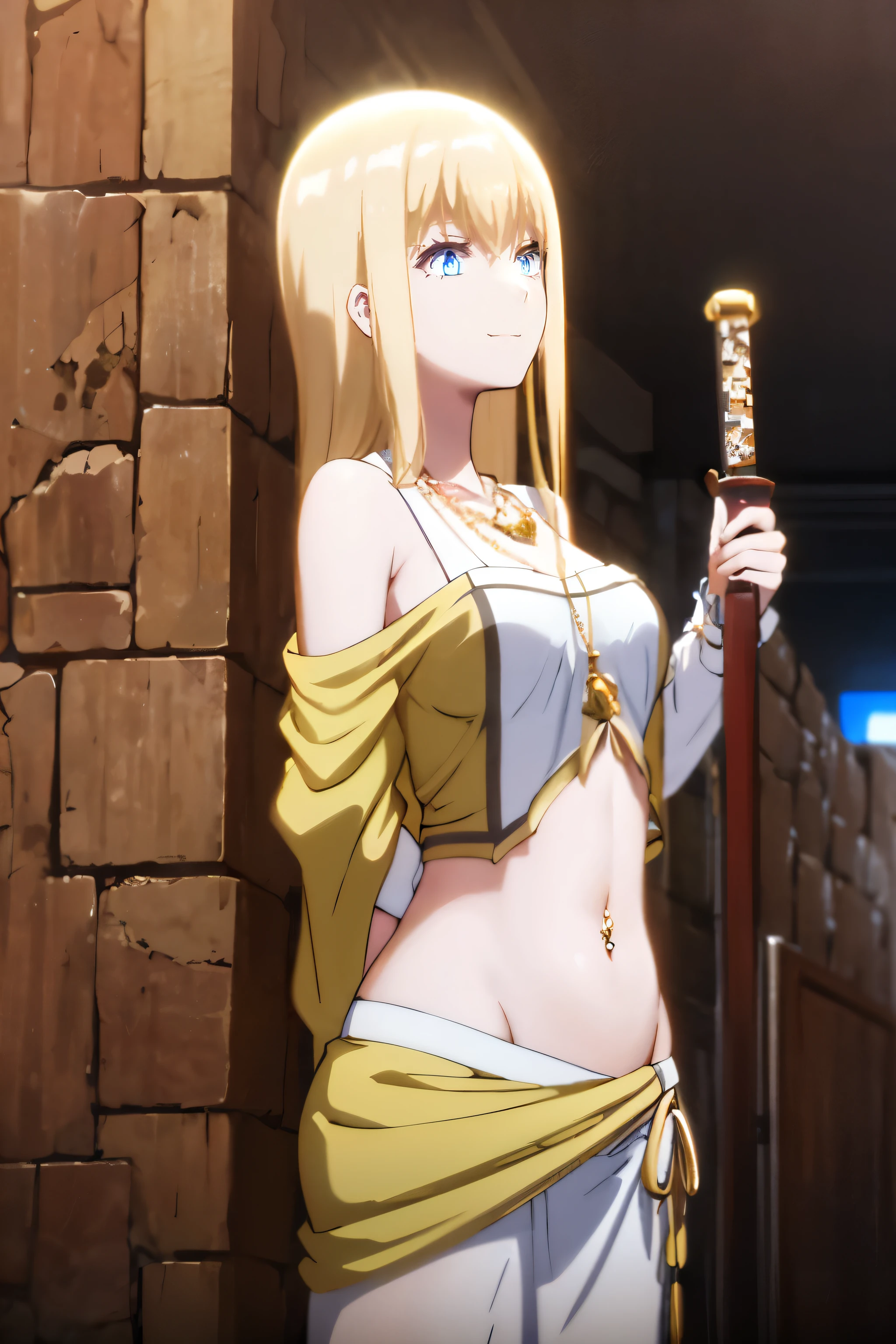  1 girl, blond hair, Blue eyes, ​masterpiece, best quality, very detailled ,glint,halterneck,Gold_neck ribbon, complex detailed background,
indoor, Stone wall, ancient interior, Ancient Egyptian Room, hieroglyphics, dark lighting, dark atmosphere, (Cowboy-shot), holding a Sword, Sword, abdomen_chain,harem_Outfit,navel, necklace,
Pool-_Curtain,revealing_attire, veil，​masterpiece,best quality,1 girl,tires,evil smile, smile,
feminine,tires,necklace,While, (Not suitable for work) Not Safe for Work, exposed abdomen, exposed navel, exposed abdomen, exposed lower abdomen, navel piercing