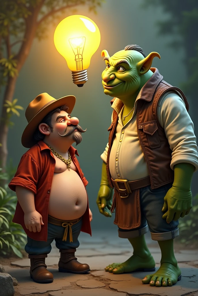 A very small, fat, bald dwarf with a cowboy hat, a red blouse open showing his belly, a small brown mustache and a gold chain. He was with his friend Sherek, a green ogre with a long white blouse and an old, worn brown leather vest having a brilliant idea.💡 