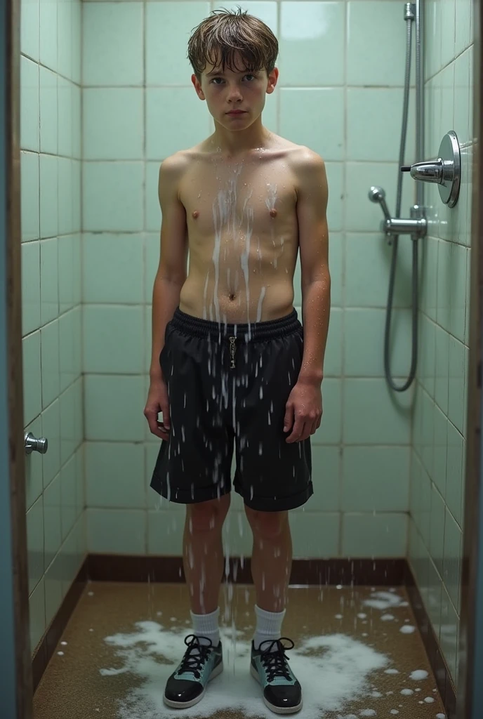 a pubescent boy getting wet/getting soaked with the school uniform (chicken, pants, socks and shoes) in the shower all wet and dripping