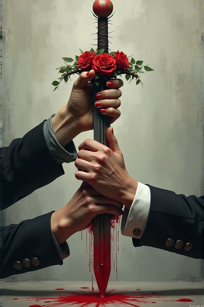 Two man&#39;s hands and a woman&#39;s hand holding a sword of roses and thorns, with blood 