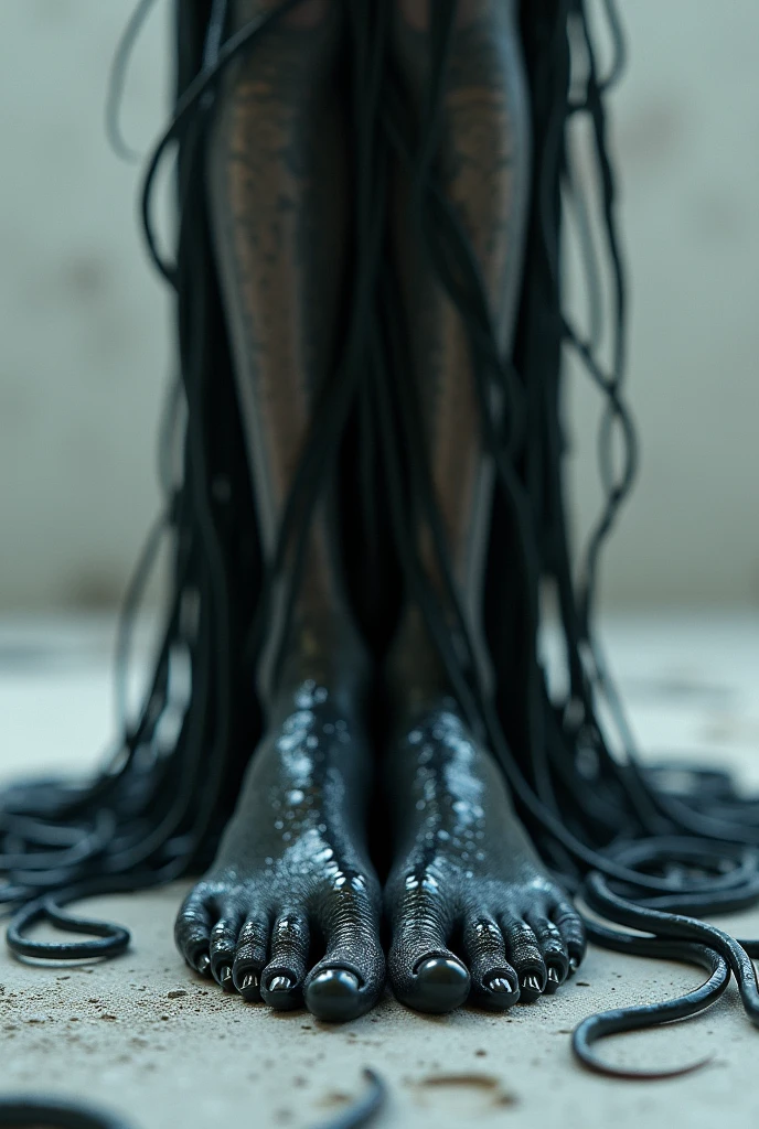 a void creature like woman with black tentacles showing her feet focus on soles from bottom view