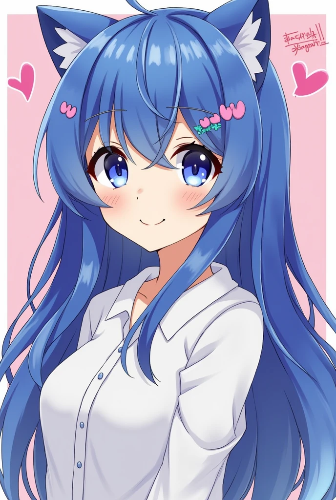  One girl, blue eyes, Long Hair, Blue Hair, bangs, Cat ear, hair ornaments, blush, Staring at the audience, Hair between the eyes,beautiful girl, Heart symbol on background,Slave Girl,smile,16 years old,Obedient Slave,The girl is hypnotized,He listens to everything I say,Ecstatic expression,Will serve you,Let me have sex,On all fours