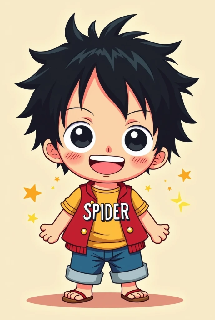 Monkey D.kawaii version of luffy with a shirt that says SPIDER 