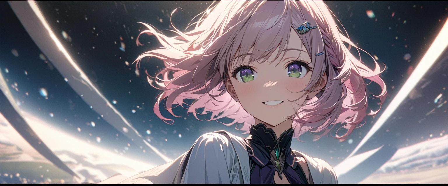 ((ultra-detailed))/three women: (one women with short black hair and bob hair.、beautiful blue eyes,.、smile、gentle smile on her face、flat chest, one Beautiful girl,((masterpiece, illustration, best quality) ((ultra-detailed))/solid white background, while wearing wireless white headphones, full upper body, )/ (one women with short pink hair and bob hair.、beautiful purple eyes、smile、gentle smile on her face、flat chest, one Beautiful girl) (one women with blonde short hair and bob hair、a braid, I tied my hair in a bun with a hair clip..、beautiful green eyes、smile、gentle smile on her face、flat chest, one Beautiful girl),濃い青とBeautiful Blueのグラデーション, High resolution, 8K HD detail, hyper-detail, cinematic, surrealism, soft light, deep field focus bokeh, ray tracing and surrealism. --v6