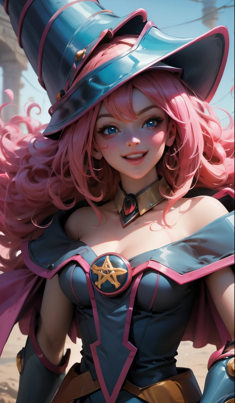 Create the beautiful face of dark magician gils. blue eyes. pink lips. Tez blanca. blonde curly hair. Big laughs. Tender girl smile. dark wizard gils