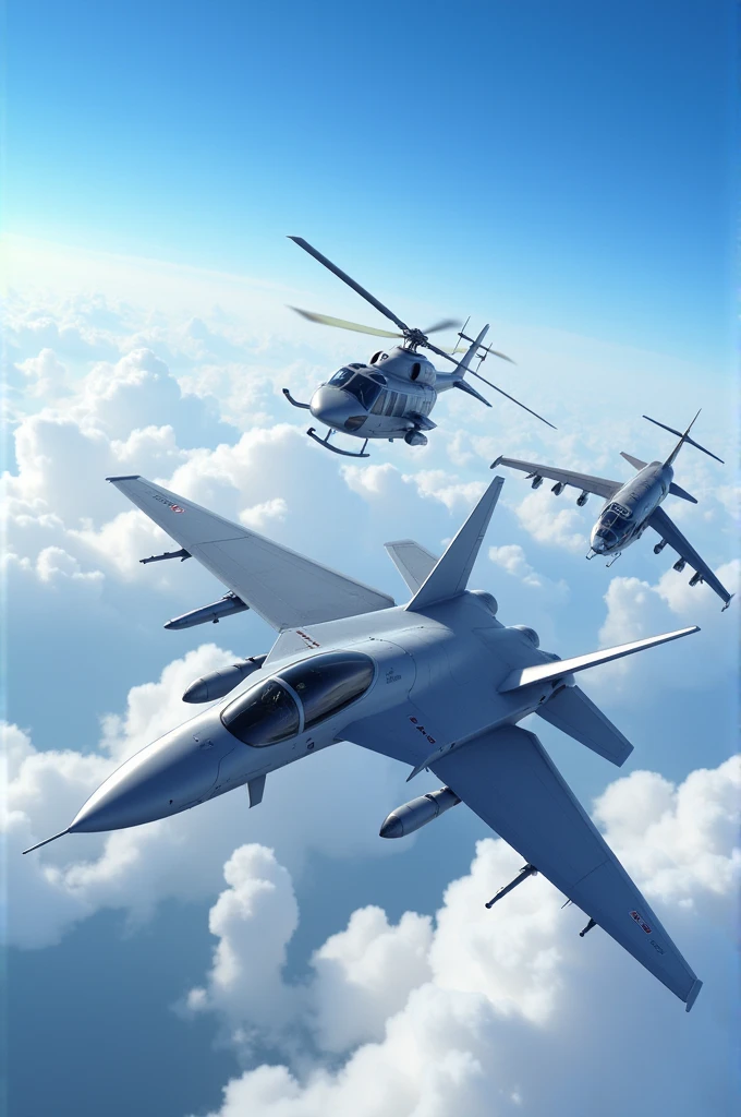A fast jet, an aircraft and a helicopter
