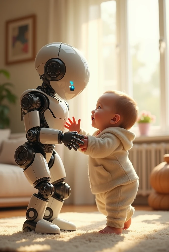 A robot playing with a baby