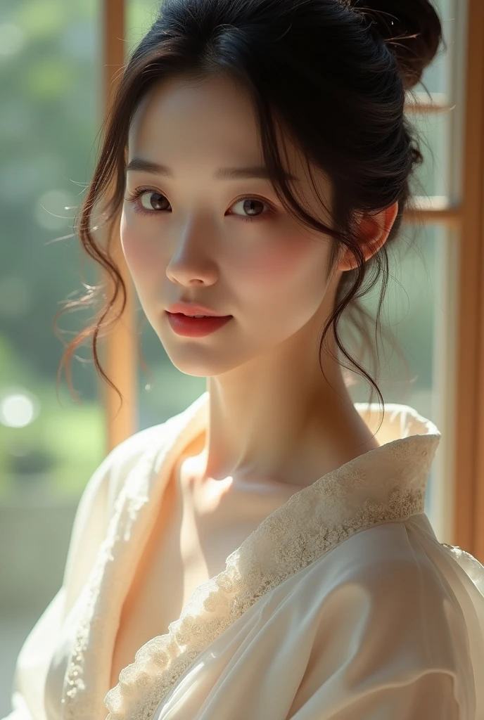 An elegantly dressed Japanese woman in natural light、A close-up of her chest and calm expression.、It shows her inner peace and outer charm.。