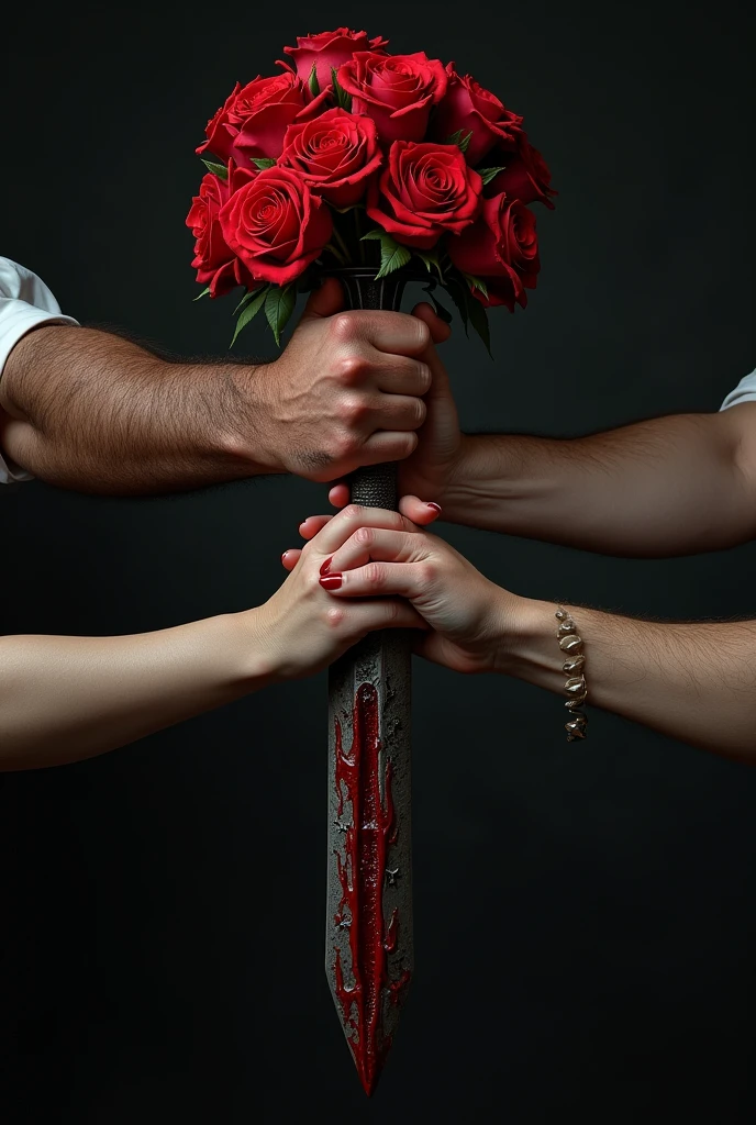 Two hands fighting for a sword covered in thorns and roses, surrounded by blood
