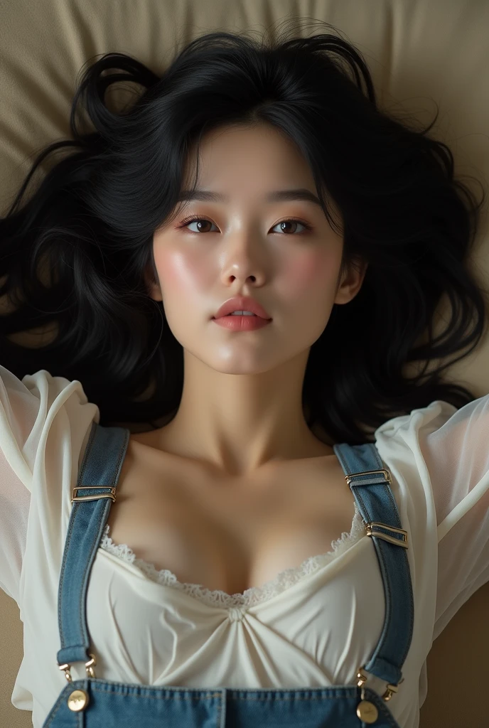 Mature woman lying on sofa, Big black wavy hair, Wear suspenders, Plump figure, Delicate facial features, Realistic image quality, Asian Woman, Age: Approximately 18 years old, Surreal,hypnotism