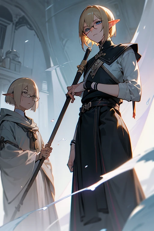male、male性、Short Hair、Straight Bob、Blonde、Glasses、adult、adultのmale、adultの体、大柄のmale、Elf、Shining Eyes、Pride、Severe、Disgust、hostility、Irritation、Cold Blooded、A look of disappointment、Sharp Eye、Confused eyes、Stocky build、Slender、sex appeal、Magic Mentor、Long staff、Calmness、quiet、look、From below、to close range