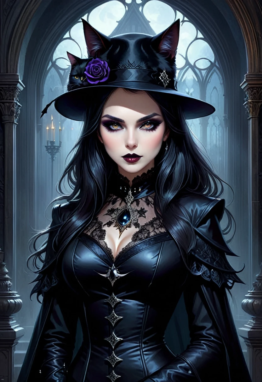 A captivating gothic catgirl, adorned with a black hat, poses against a backdrop of digital art by Yang J. Trendsetting CG society themes intertwine with gothic and fantasy gothic art elements. Her enchanting eyes and dark, mystical aura exude an air of beauty and allure. The artwork, in the style of fantasy, showcases a dark, brooding portrait of a gothic catgirl, with a touch of Tom Bagshaw's distinctive dark fantasy art style.