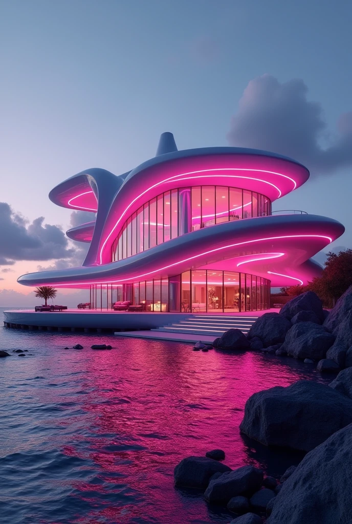 Futuristic pink LED mansion near the sea