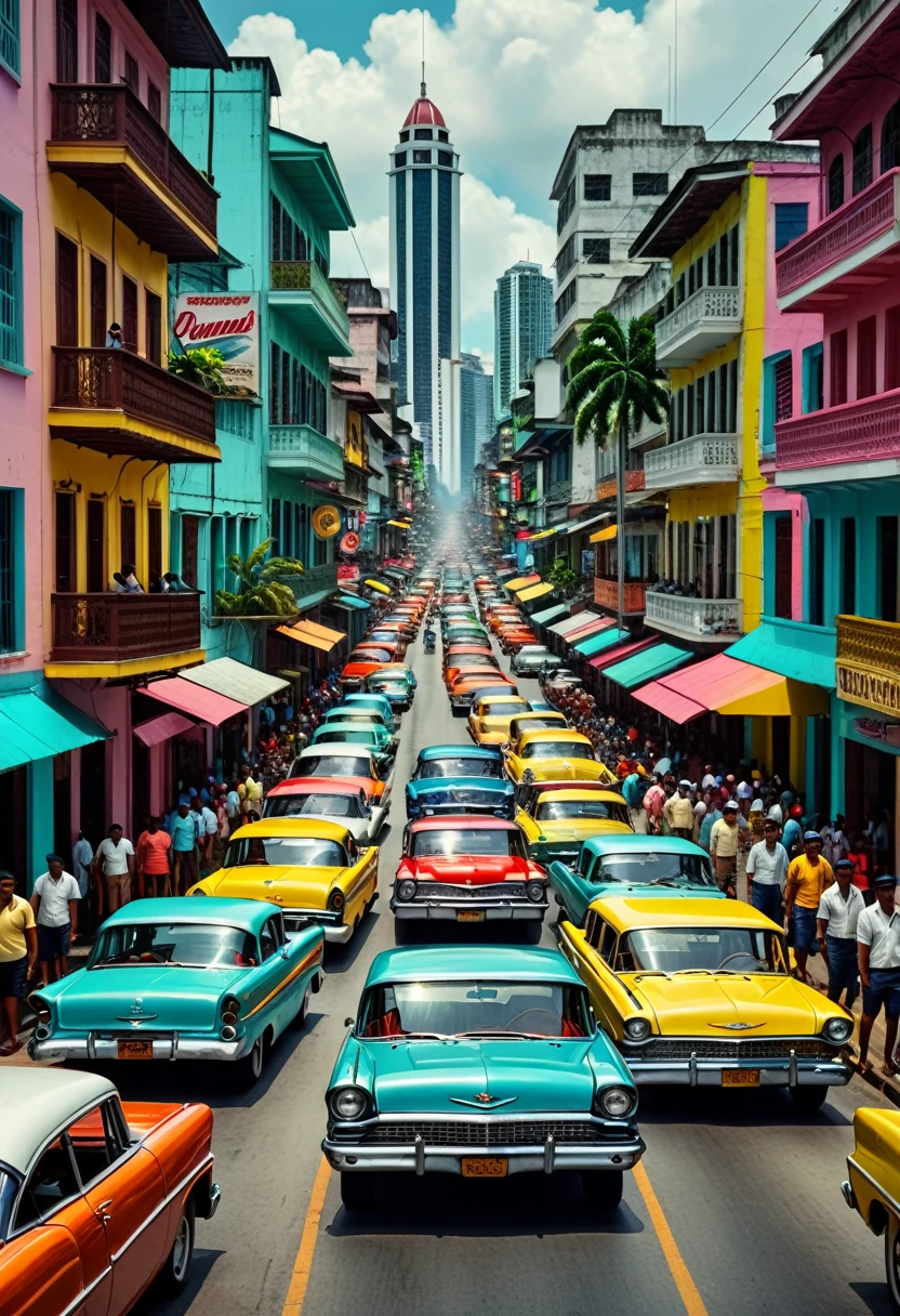1960s Panama, colorful American cars on the streets, bustling Panamanian crowds, vibrant atmosphere, professional lighting, professional camera, intricate architectural details, vibrant colors, lively street scene, dynamic composition, cinematic framing, high quality, photorealistic, 8k, hyperdetailed, masterpiece